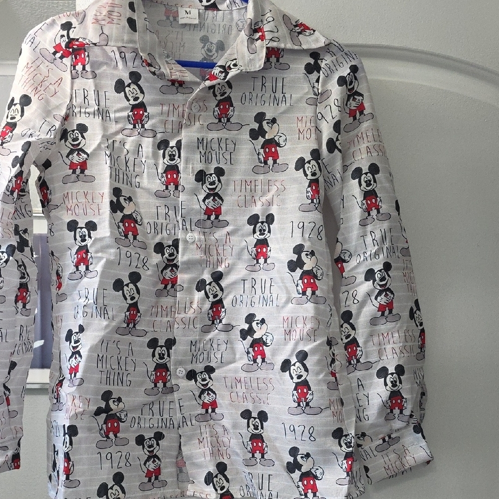 Disney White and Red Button Down Shirt with Mickey and Minnie Print